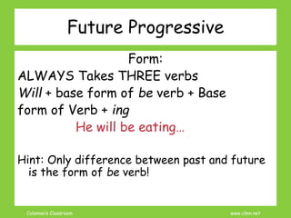 Coleman’s Classroom www.clmn.net
Future Progressive
Form:
ALWAYS Takes THREE verbs
Will + base form of be verb + Base
form of Verb + ing
He will be eating…
Hint: Only difference between past and future
is the form of be verb!
 