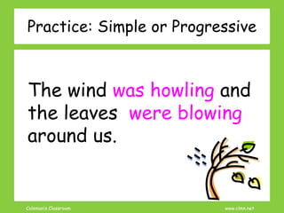 Coleman’s Classroom www.clmn.net
Practice: Simple or Progressive
The wind was howling and
the leaves were blowing
around us.
 