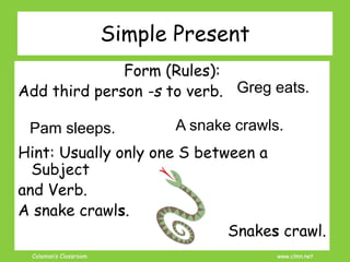 Coleman’s Classroom www.clmn.net
Form (Rules):
Add third person -s to verb.
Hint: Usually only one S between a
Subject
and Verb.
A snake crawls.
Snakes crawl.
Simple Present
Greg eats.
Pam sleeps. A snake crawls.
 