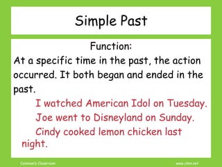 Coleman’s Classroom www.clmn.net
Simple Past
Function:
At a specific time in the past, the action
occurred. It both began and ended in the
past.
I watched American Idol on Tuesday.
Joe went to Disneyland on Sunday.
Cindy cooked lemon chicken last
night.
 