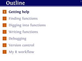 Outline
1 Getting help
2 Finding functions
3 Digging into functions
4 Writing functions
5 Debugging
6 Version control
7 My R workflow
3
 