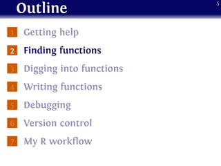 Outline
1 Getting help
2 Finding functions
3 Digging into functions
4 Writing functions
5 Debugging
6 Version control
7 My R workflow
5
 