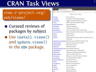 CRAN Task Views
.
......
cran.r-project.org/
web/views/
Curated reviews of
packages by subject
Use install.views()
and update.views()
in the ctv package.
7
 