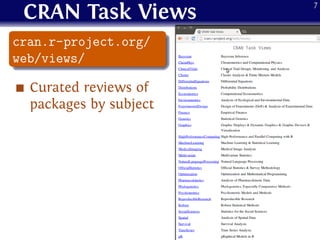 CRAN Task Views
.
......
cran.r-project.org/
web/views/
Curated reviews of
packages by subject
7
 