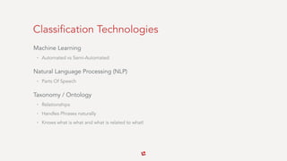 Classification Technologies
Machine Learning
• Automated vs Semi-Automated
Natural Language Processing (NLP)
• Parts Of Speech
Taxonomy / Ontology
• Relationships
• Handles Phrases naturally
• Knows what is what and what is related to what!
 