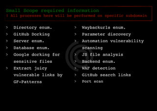 Small Scope required information
! All processes here will be performed on specific subdomain
Directory enum.
GitHub Dorking
Server enum.
Database enum.
Google dorking for
sensitive files
Extract juicy
vulnerable links by
GF-Patterns
Waybackurls enum.
Parameter discovery
Automation vulnerability
scanning
JS file analysis
Backend enum.
WAF detection
GitHub search links
Port scan
 