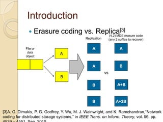 Introduction
                 Erasure coding vs. Replica[3]erasure code
                                        (4,2) MDS
                                             Replication        (any 2 suffice to recover)

            File or                              A                      A
             data              A
            object


                                                 A                      B
                                                           vs
                               B

                                                 B                    A+B



                                                 B                   A+2B

[3]A. G. Dimakis, P. G. Godfrey, Y. Wu, M. J. Wainwright, and K. Ramchandran,“Network
coding for distributed storage systems,” in IEEE Trans. on Inform. Theory, vol. 56, pp.
 