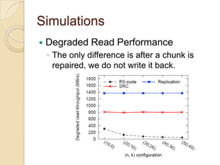 Simulations
   Degraded Read Performance
    ◦ The only difference is after a chunk is
      repaired, we do not write it back.
 