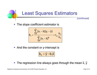 Statistics for Business and Economics, 6e © 2007 Pearson Education, Inc. Chap 12-10
§ The slope coefficient estimator is
§ And the constant or y-intercept is
§ The regression line always goes through the mean x, y
X
Y
xy
n
1
i
2
i
n
1
i
i
i
1
s
s
r
)
x
(x
)
y
)(y
x
(x
b =
-
-
-
=
å
å
=
=
x
b
y
b 1
0 -
=
x
x
Least Squares Estimators
(continued)
 