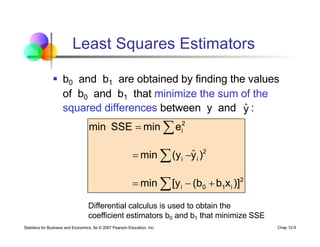 Statistics for Business and Economics, 6e © 2007 Pearson Education, Inc. Chap 12-9
Least Squares Estimators
§ b0 and b1 are obtained by finding the values
of b0 and b1 that minimize the sum of the
squared differences between y and :
2
i
1
0
i
2
i
i
2
i
)]
x
b
(b
[y
min
)
y
(y
min
e
min
SSE
min
+
-
=
-
=
=
å
å
å
ˆ
ŷ
Differential calculus is used to obtain the
coefficient estimators b0 and b1 that minimize SSE
 