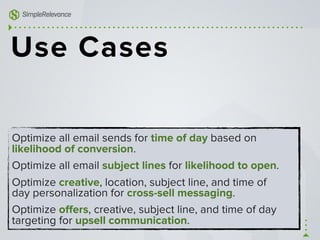 Use Cases
Optimize all email sends for time of day based on
likelihood of conversion.
Optimize all email subject lines for likelihood to open.
Optimize creative, location, subject line, and time of
day personalization for cross-sell messaging.
Optimize oﬀers, creative, subject line, and time of day
targeting for upsell communication.
 