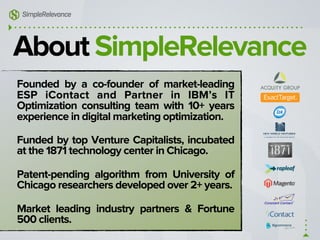 About SimpleRelevance
Founded by a co-founder of market-leading
ESP iContact and Partner in IBM’s IT
Optimization consulting team with 10+ years
experience in digital marketing optimization.
Funded by top Venture Capitalists, incubated
at the 1871 technology center in Chicago.
Patent-pending algorithm from University of
Chicago researchers developed over 2+ years.
Market leading industry partners & Fortune
500 clients.
 