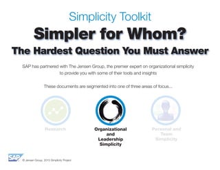 © Jensen Group, 2015 Simplicity Project
Simplicity Toolkit
Simpler for Whom?
The Hardest Question You Must Answer
SAP has partnered with The Jensen Group, the premier expert on organizational simplicity
to provide you with some of their tools and insights
These documents are segmented into one of three areas of focus...
Research Organizational
and
Leadership
Simplicity
Personal and
Team
Simplicity
 