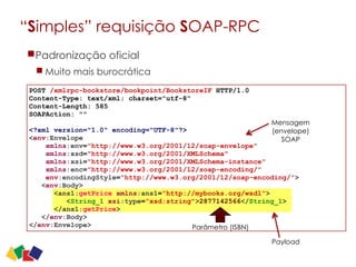 “Simples” requisição SOAP-RPC
POST /xmlrpc-bookstore/bookpoint/BookstoreIF HTTP/1.0
Content-Type: text/xml; charset="utf-8"
Content-Length: 585
SOAPAction: ""
<?xml version="1.0" encoding="UTF-8"?>
<env:Envelope
xmlns:env="http://www.w3.org/2001/12/soap-envelope"
xmlns:xsd="http://www.w3.org/2001/XMLSchema"
xmlns:xsi="http://www.w3.org/2001/XMLSchema-instance"
xmlns:enc="http://www.w3.org/2001/12/soap-encoding/"
env:encodingStyle="http://www.w3.org/2001/12/soap-encoding/">
<env:Body>
<ans1:getPrice xmlns:ans1="http://mybooks.org/wsdl">
<String_1 xsi:type="xsd:string">2877142566</String_1>
</ans1:getPrice>
</env:Body>
</env:Envelope> Parâmetro (ISBN)
Payload
Mensagem
(envelope)
SOAP
16
Padronização oficial
Muito mais burocrática
 