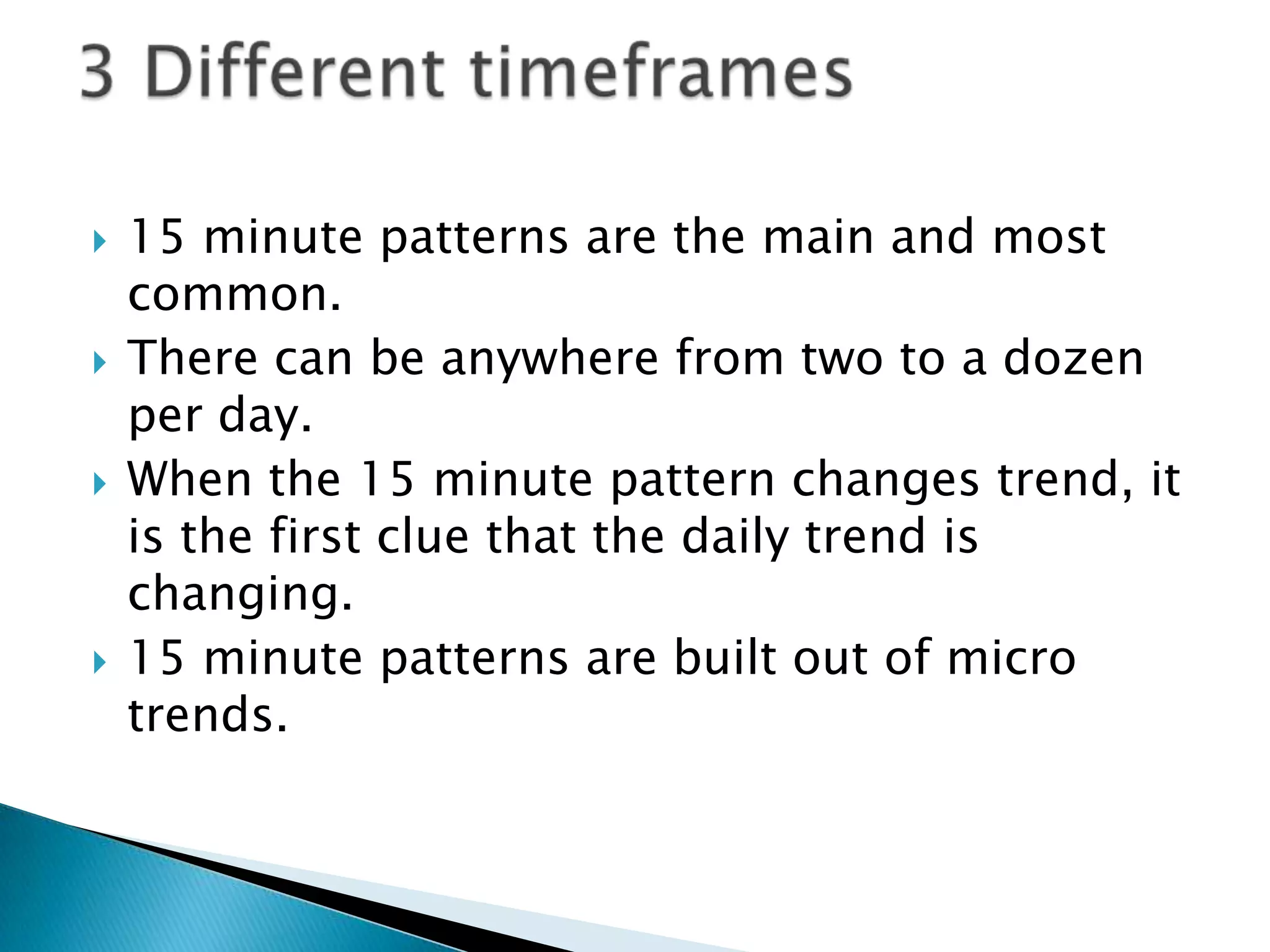    15 minute patterns are the main and most
    common.
   There can be anywhere from two to a dozen
    per day.
   When the 15 minute pattern changes trend, it
    is the first clue that the daily trend is
    changing.
   15 minute patterns are built out of micro
    trends.
 