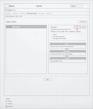 Share                                             App Bar                                                            Search

3.1 Launch Site

Site Page        Site Page      Site Page   Document Library   Site Page   Site Page
Location: Documents > Folder > Folder




  Folder A: Rules                                                                                                                            New Rule



                 My First Rule                                                    Rule Name                                           Edit      Delete
                                                                                  Description: Description of my ﬁrst rule
                                                                                  Modiﬁed on: 19 Nov 2008 10:45        Modiﬁed by: Joe Bloggs

                                                                                      Active
                                                                                      Run rule in background
                                                                                      Rule applied to sub-folders



                                                                                                               Event
                                                                                   When items are created or enter this folder


                                                                                                            Conditions
                                                                                   Items have the value ‘*.ppt’ in the ﬁlename


                                                                                                               Actions
                                                                                  Add classiﬁable feature




                                                                           Done




 Legend:
      Active
      Inactive

      Rule Icon
 