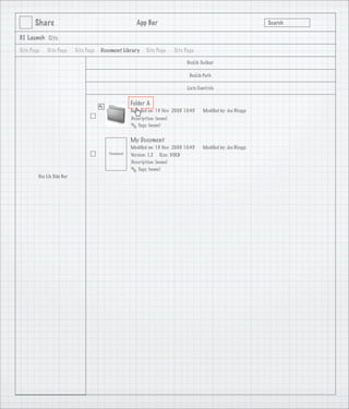 Share                                            App Bar                                                   Search

3.1 Launch Site

Site Page   Site Page      Site Page   Document Library      Site Page      Site Page

                                                                                 DocLib Toolbar

                                                                                   DocLib Path

                                                                                 Lists Controls


                                                      Folder A
                                                      Modiﬁed on: 19 Nov 2008 10:45      Modiﬁed by: Joe Bloggs
                                                      Description: (none)
                                                         Tags: (none)


                                                      My Document
                                                      Modiﬁed on: 19 Nov 2008 10:45      Modiﬁed by: Joe Bloggs
                                          Thumbnail   Version: 1.2 Size: 30KB
                                                      Description: (none)
                                                         Tags: (none)
        Doc Lib Side Bar
 