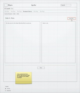 Share                                                      App Bar                               Search

3.1 Launch Site

Site Page        Site Page      Site Page    Document Library         Site Page   Site Page
Location: Documents > Folder > Folder



 Folder A : Rules                                                                                                 New Rule



   No rules exist for this folder. Click New Rule to create one.                         Select a rule




                                                                                  Done




                               rules are inherited from
                               parent folder. See later slides
                               for example of left column
                               treatment




 Legend:
      Active
      Inactive
 