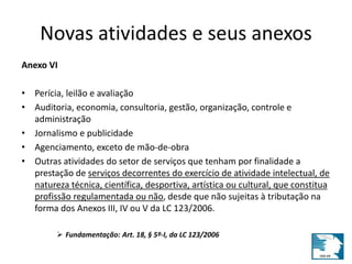 Novas atividades e seus anexos 
Anexo VI 
• Perícia, leilão e avaliação 
• Auditoria, economia, consultoria, gestão, organização, controle e 
administração 
• Jornalismo e publicidade 
• Agenciamento, exceto de mão-de-obra 
• Outras atividades do setor de serviços que tenham por finalidade a 
prestação de serviços decorrentes do exercício de atividade intelectual, de 
natureza técnica, científica, desportiva, artística ou cultural, que constitua 
profissão regulamentada ou não, desde que não sujeitas à tributação na 
forma dos Anexos III, IV ou V da LC 123/2006. 
 Fundamentação: Art. 18, § 5º-I, da LC 123/2006 
 