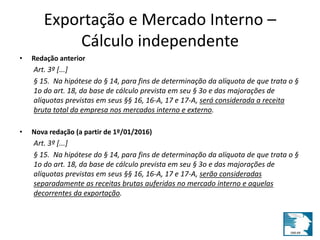 Exportação e Mercado Interno – 
Cálculo independente 
• Redação anterior 
Art. 3º [...] 
§ 15. Na hipótese do § 14, para fins de determinação da alíquota de que trata o § 
1o do art. 18, da base de cálculo prevista em seu § 3o e das majorações de 
alíquotas previstas em seus §§ 16, 16-A, 17 e 17-A, será considerada a receita 
bruta total da empresa nos mercados interno e externo. 
• Nova redação (a partir de 1º/01/2016) 
Art. 3º [...] 
§ 15. Na hipótese do § 14, para fins de determinação da alíquota de que trata o § 
1o do art. 18, da base de cálculo prevista em seu § 3o e das majorações de 
alíquotas previstas em seus §§ 16, 16-A, 17 e 17-A, serão consideradas 
separadamente as receitas brutas auferidas no mercado interno e aquelas 
decorrentes da exportação. 
 