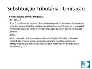 Substituição Tributária - Limitação 
• Nova Redação (a partir de 1º/01/2016) 
Art. 13º [...] 
§ 1o O recolhimento na forma deste artigo não exclui a incidência dos seguintes 
impostos ou contribuições, devidos na qualidade de contribuinte ou responsável, 
em relação aos quais será observada a legislação aplicável às demais pessoas 
jurídicas: 
XIII [...] 
a) nas operações sujeitas ao regime de substituição tributária, tributação 
concentrada em uma única etapa (monofásica) e sujeitas ao regime de 
antecipação do recolhimento do imposto com encerramento de tributação, 
envolvendo [...] 
 