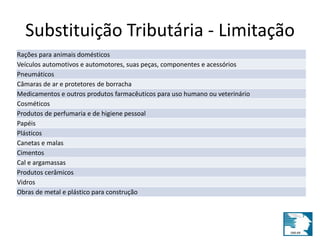 Substituição Tributária - Limitação 
Rações para animais domésticos 
Veículos automotivos e automotores, suas peças, componentes e acessórios 
Pneumáticos 
Câmaras de ar e protetores de borracha 
Medicamentos e outros produtos farmacêuticos para uso humano ou veterinário 
Cosméticos 
Produtos de perfumaria e de higiene pessoal 
Papéis 
Plásticos 
Canetas e malas 
Cimentos 
Cal e argamassas 
Produtos cerâmicos 
Vidros 
Obras de metal e plástico para construção 
 