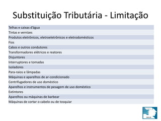 Substituição Tributária - Limitação 
Telhas e caixas d’água 
Tintas e vernizes 
Produtos eletrônicos, eletroeletrônicos e eletrodomésticos 
Fios 
Cabos e outros condutores 
Transformadores elétricos e reatores 
Disjuntores 
Interruptores e tomadas 
Isoladores 
Para-raios e lâmpadas 
Máquinas e aparelhos de ar-condicionado 
Centrifugadores de uso doméstico 
Aparelhos e instrumentos de pesagem de uso doméstico 
Extintores 
Aparelhos ou máquinas de barbear 
Máquinas de cortar o cabelo ou de tosquiar 
 