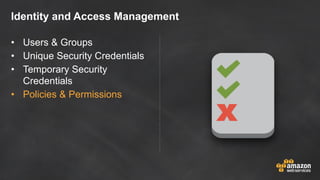 Identity and Access Management
• Users & Groups
• Unique Security Credentials
• Temporary Security
Credentials
• Policies & Permissions
 