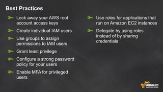 Best Practices
Lock away your AWS root
account access keys
Create individual IAM users
Use groups to assign
permissions to IAM users
Grant least privilege
Configure a strong password
policy for your users
Enable MFA for privileged
users
Use roles for applications that
run on Amazon EC2 instances
Delegate by using roles
instead of by sharing
credentials
 