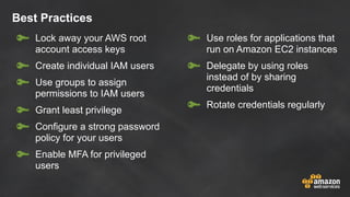 Best Practices
Lock away your AWS root
account access keys
Create individual IAM users
Use groups to assign
permissions to IAM users
Grant least privilege
Configure a strong password
policy for your users
Enable MFA for privileged
users
Use roles for applications that
run on Amazon EC2 instances
Delegate by using roles
instead of by sharing
credentials
Rotate credentials regularly
 
