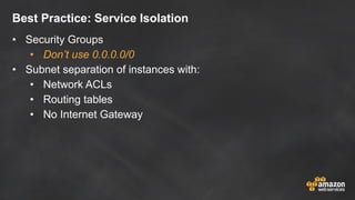 Best Practice: Service Isolation
• Security Groups
• Don’t use 0.0.0.0/0
• Subnet separation of instances with:
• Network ACLs
• Routing tables
• No Internet Gateway
 