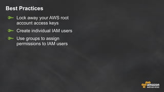 Best Practices
Lock away your AWS root
account access keys
Create individual IAM users
Use groups to assign
permissions to IAM users
 