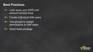 Best Practices
Lock away your AWS root
account access keys
Create individual IAM users
Use groups to assign
permissions to IAM users
Grant least privilege
 
