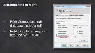 Securing data in flight
> RDS Connections (all
databases supported)
> Public key for all regions:
http://bit.ly/1G9fE4D
 