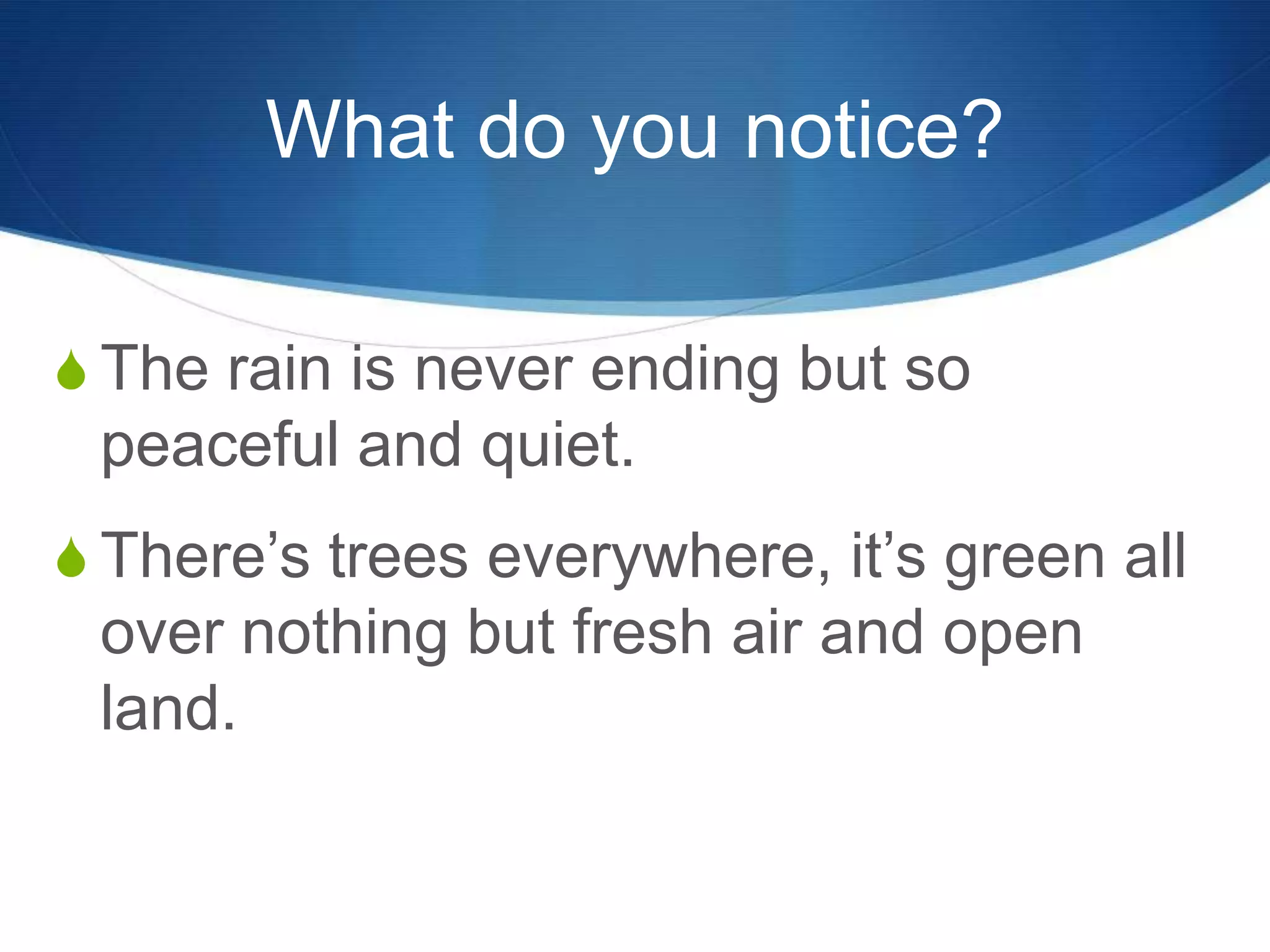 What do you notice?
S The rain is never ending but so
peaceful and quiet.
S There’s trees everywhere, it’s green all
over nothing but fresh air and open
land.
 
