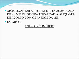 APÓS LEVANTAR A RECEITA BRUTA ACUMULADA DE 12 MESES, DEVERÁ LOCALIZAR A ALÍQUOTA DE ACORDO COM OS ANEXOS DA LEI. EXEMPLO: ANEXO I - COMÉRCIO 
