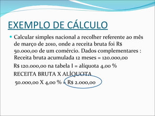 EXEMPLO DE CÁLCULO Calcular simples nacional a recolher referente ao mês de março de 2010, onde a receita bruta foi R$ 50.000,00 de um comércio. Dados complementares : Receita bruta acumulada 12 meses = 120.000,00 R$ 120.000,00 na tabela I = alíquota 4,00 % RECEITA BRUTA X ALÍQUOTA 50.000,00 X 4,00 % = R$ 2.000,00  