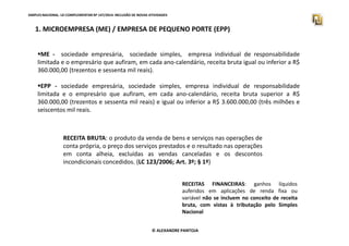 SIMPLES NACIONAL. LEI COMPLEMENTAR Nº 147/2014. INCLUSÃO DE NOVAS ATIVIDADES 
1. MICROEMPRESA (ME) / EMPRESA DE PEQUENO PORTE (EPP) 
ME - sociedade empresária, sociedade simples, empresa individual de responsabilidade 
limitada e o empresário que aufiram, em cada ano-calendário, receita bruta igual ou inferior a R$ 
360.000,00 (trezentos e sessenta mil reais). 
EPP - sociedade empresária, sociedade simples, empresa individual de responsabilidade 
limitada e o empresário que aufiram, em cada ano-calendário, receita bruta superior a R$ 
360.000,00 (trezentos e sessenta mil reais) e igual ou inferior a R$ 3.600.000,00 (três milhões e 
seiscentos mil reais. 
RECEITA BRUTA: o produto da venda de bens e serviços nas operações de 
conta própria, o preço dos serviços prestados e o resultado nas operações 
em conta alheia, excluídas as vendas canceladas e os descontos 
incondicionais concedidos. (LC 123/2006; Art. 3º; § 1º) 
RECEITAS FINANCEIRAS: ganhos líquidos 
auferidos em aplicações de renda fixa ou 
variável não se incluem no conceito de receita 
bruta, com vistas à tributação pelo Simples 
Nacional 
© ALEXANDRE PANTOJA 
 