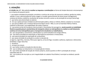 SIMPLES NACIONAL. LEI COMPLEMENTAR Nº 147/2014. INCLUSÃO DE NOVAS ATIVIDADES 
5. VEDAÇÕES 
LC 123/06. Art. 17. Não poderão recolher os impostos e contribuições na forma do Simples Nacional a microempresa 
ou a empresa de pequeno porte: 
I - que explore atividade de prestação cumulativa e contínua de serviços de assessoria creditícia, gestão de crédito, 
seleção e riscos, administração de contas a pagar e a receber, gerenciamento de ativos (asset management), 
compras de direitos creditórios resultantes de vendas mercantis a prazo ou de prestação de serviços (factoring); 
II - que tenha sócio domiciliado no exterior; 
III - de cujo capital participe entidade da administração pública, direta ou indireta, federal, estadual ou municipal; 
V - que possua débito com o Instituto Nacional do Seguro Social - INSS, ou com as Fazendas Públicas Federal, 
Estadual ou Municipal, cuja exigibilidade não esteja suspensa; 
VI - que preste serviço de transporte intermunicipal e interestadual de passageiros, exceto quando na modalidade 
fluvial ou quando possuir características de transporte urbano ou metropolitano ou realizar-se sob fretamento 
contínuo em área metropolitana para o transporte de estudantes ou trabalhadores; 
VII - que seja geradora, transmissora, distribuidora ou comercializadora de energia elétrica; 
VIII - que exerça atividade de importação ou fabricação de automóveis e motocicletas; 
IX - que exerça atividade de importação de combustíveis; 
X - que exerça atividade de produção ou venda no atacado de: 
a) cigarros, cigarrilhas, charutos, filtros para cigarros, armas de fogo, munições e pólvoras, explosivos e detonantes; 
b) bebidas a seguir descritas: 
1 - alcoólicas; 
4 - cervejas sem álcool; 
XII - que realize cessão ou locação de mão-de-obra; 
XIV - que se dedique ao loteamento e à incorporação de imóveis. 
XV - que realize atividade de locação de imóveis próprios, exceto quando se referir a prestação de serviços 
tributados pelo ISS. 
XVI - com ausência de inscrição ou com irregularidade em cadastro fiscal federal, municipal ou estadual, quando 
exigível. 
© ALEXANDRE PANTOJA 
 
