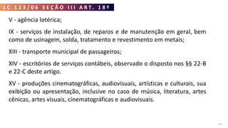 L C 1 2 3 / 0 6 S E Ç Ã O I I I A R T . 1 8 º
101
V - agência lotérica;
IX - serviços de instalação, de reparos e de manutenção em geral, bem
como de usinagem, solda, tratamento e revestimento em metais;
XIII - transporte municipal de passageiros;
XIV - escritórios de serviços contábeis, observado o disposto nos §§ 22-B
e 22-C deste artigo.
XV - produções cinematográficas, audiovisuais, artísticas e culturais, sua
exibição ou apresentação, inclusive no caso de música, literatura, artes
cênicas, artes visuais, cinematográficas e audiovisuais.
 