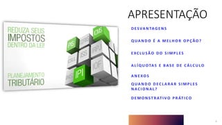 APRESENTAÇÃO
D E S VA N TA G E N S
Q UA N D O É A M E L H O R O P Ç Ã O ?
E XC LU S Ã O D O S I M P L E S
A L Í Q U OTA S E B A S E D E C Á LC U LO
A N E XO S
Q UA N D O D E C L A R A R S I M P L E S
N A C I O N A L ?
D E M O N S T R AT I VO P R ÁT I C O
3
 