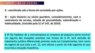 39
X - constituída sob a forma de sociedade por ações.
XI - cujos titulares ou sócios guardem, cumulativamente, com o
contratante do serviço, relação de pessoalidade, subordinação e
habitualidade. (Incluído pela LC nº 147, de 2014)
§ 6º Na hipótese de a microempresa ou empresa de pequeno porte incorrer
em alguma das situações previstas nos incisos do § 4º, será excluída do
tratamento jurídico diferenciado previsto nesta Lei Complementar, bem como
do regime de que trata o art. 12, com efeitos a partir do mês seguinte ao que
incorrida a situação impeditiva.
A R T 3 ° . § 4 L C 1 2 3 / 0 6
 
