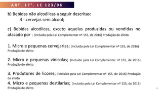 A R T . 1 7 ° . L C 1 2 3 / 0 6
45
c) Bebidas alcoólicas, exceto aquelas produzidas ou vendidas no
atacado por : (Incluído pela Lei Complementar nº 155, de 2016) Produção de efeito
1. Micro e pequenas cervejarias; (Incluído pela Lei Complementar nº 155, de 2016)
Produção de efeito
2. Micro e pequenas vinícolas; (Incluído pela Lei Complementar nº 155, de 2016)
Produção de efeito
3. Produtores de licores; (Incluído pela Lei Complementar nº 155, de 2016) Produção
de efeito
4. Micro e pequenas destilarias; (Incluído pela Lei Complementar nº 155, de 2016)
Produção de efeito
b) Bebidas não alcoólicas a seguir descritas:
4 - cervejas sem álcool;
 