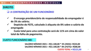M E I - M I C R O E M P R E E N D E D O R I N D I V I D U A L
57
DIREITO
 A CONTRATAÇÃO DE UM FUNCIONÁRIO
 O encargo previdenciário de responsabilidade do empregador é
de 3% do salário;
 Depósito do FGTS, calculado à alíquota de 8% sobre o salário do
empregado
 Custo total para uma contratação será de 11% em cima do valor
total da folha de pagamento.
CUSTO FUNCIONÁRIO MEI
SALÁRIO MÍNIMO 2021 = R$1.100,00 * 3% (INSS)= R$33,00
SALÁRIO MÍNIMO 2021 = R$1.100,00 * 8% (FGTS)= R$88,00
CUSTO TOTAL = R$121,00
 