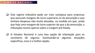 S I M P L E S N A C I O N A L
79
 Este regime tributário pode ser mais vantajoso para empresas
que possuam margens de lucro superiores às da presunção e que
tenham despesas não muito elevadas, na medida em que, ainda
que haja uma margem de lucro superior do que a da presunção, a
tributação recairá apenas sobre a margem pré-fixada.
 O Simples Nacional é uma boa opção de tributação para os
corretores de seguros. Excetuando-se algumas situações
específicas, essa é a melhor opção.
 