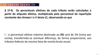 L C 1 2 3 / 0 6 S E Ç Ã O I I I
92
§ 1º-B. Os percentuais efetivos de cada tributo serão calculados a
partir da alíquota efetiva, multiplicada pelo percentual de repartição
constante dos Anexos I a V desta LC, observando-se que
I - o percentual efetivo máximo destinado ao ISS será de 5% (cinco por
cento), transferindo-se eventual diferença, de forma proporcional, aos
tributos federais da mesma faixa de receita bruta anual;
 