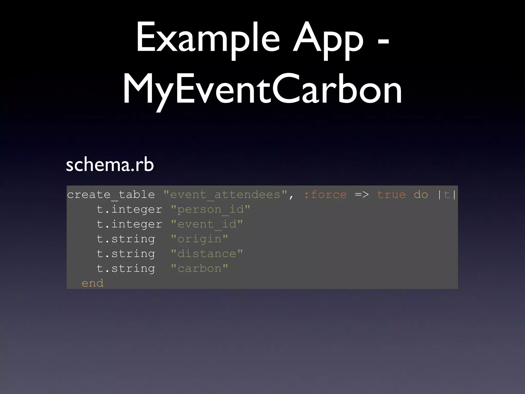 Example App - MyEventCarbon create_table  &quot;event_attendees&quot; ,  :force  =>  true   do  | t |   t.integer  &quot;person_id&quot;   t.integer  &quot;event_id&quot;   t.string  &quot;origin&quot;   t.string  &quot;distance&quot;   t.string  &quot;carbon&quot;   end schema.rb 