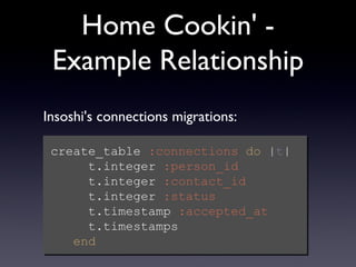 Home Cookin' - Example Relationship Text create_table  :connections   do  | t |   t.integer  :person_id   t.integer  :contact_id   t.integer  :status   t.timestamp  :accepted_at   t.timestamps   end Insoshi's connections migrations: 