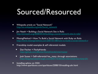 Sourced/Resourced Wikipedia article on &quot;Social Network&quot;  http://en.wikipedia.org/wiki/Social_network Jim Neath > Building a Social Network Site in Rails:  http://jimneath.org/2008/04/25/building-a-social-network-site-in-rails/ MissingMethod > How To Build a Social Network with Ruby on Rails:  http://www.missingmethod.com/2007/01/08/how-to-build-a-social-network-with-ruby-on-rails/ Friendship model examples & self referential models:  Dan Fischer > Fischyfriends:  http://github.com/dfischer/fischyfriends/tree/master Josh Susser > Self-referential has_many :through associations:  http://blog.hasmanythrough.com/2007/10/30/self-referential-has-many-through Installing sphinx on OSX: http://www.sparkboxx.com/sparkboxx/2008/10/installing-ultr.html 