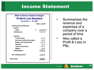 Income Statement  Summarizes the revenue and expenses of a company over a period of time  Also called a Profit & Loss or P&L 